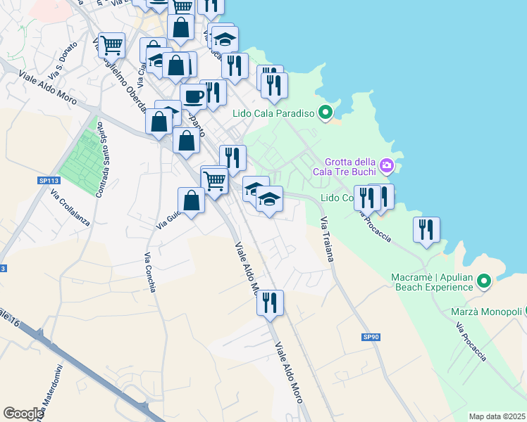 map of restaurants, bars, coffee shops, grocery stores, and more near 11 Via Luigi Piccinato in Monopoli