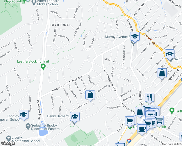 map of restaurants, bars, coffee shops, grocery stores, and more near 575 Forest Avenue in New Rochelle