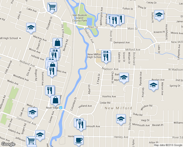 map of restaurants, bars, coffee shops, grocery stores, and more near 426 Central Park Drive in New Milford