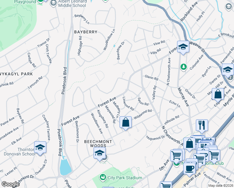 map of restaurants, bars, coffee shops, grocery stores, and more near 550 Forest Avenue in New Rochelle