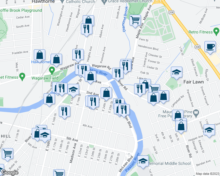 map of restaurants, bars, coffee shops, grocery stores, and more near 7 East 24th Street in Paterson