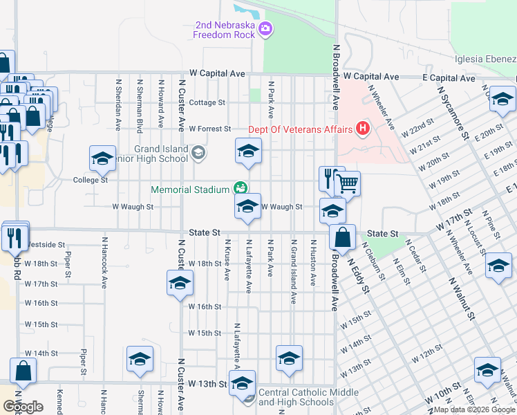 map of restaurants, bars, coffee shops, grocery stores, and more near 1901-1999 N Lafayette Ave in Grand Island