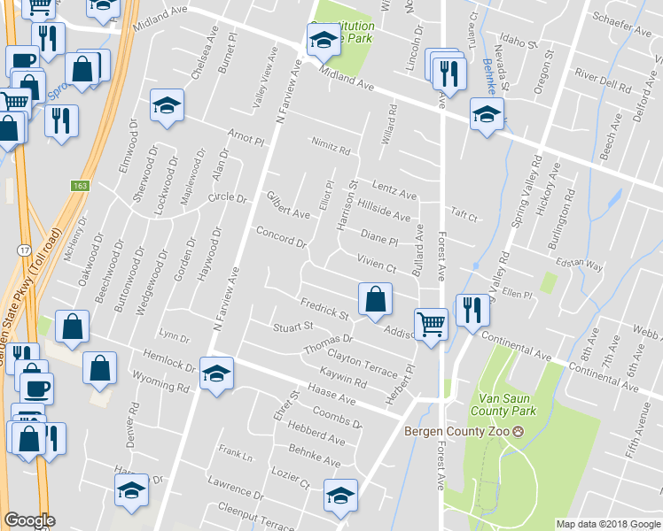 map of restaurants, bars, coffee shops, grocery stores, and more near 217 Concord Drive in Paramus