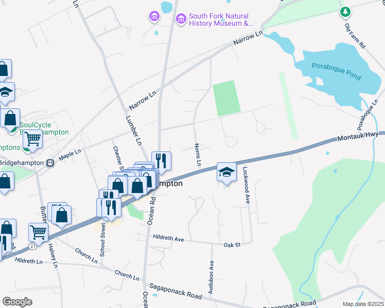 map of restaurants, bars, coffee shops, grocery stores, and more near 46 Norris Lane in Bridgehampton