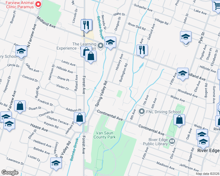 map of restaurants, bars, coffee shops, grocery stores, and more near 319 Silver Rod Court in Paramus