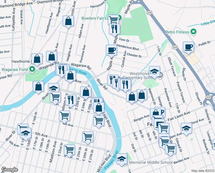 map of restaurants, bars, coffee shops, grocery stores, and more near 18-19 River Rd in Fair Lawn
