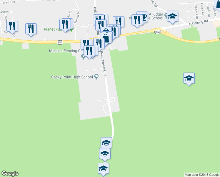 map of restaurants, bars, coffee shops, grocery stores, and more near 71 Rocky Point Yaphank Road in Rocky Point