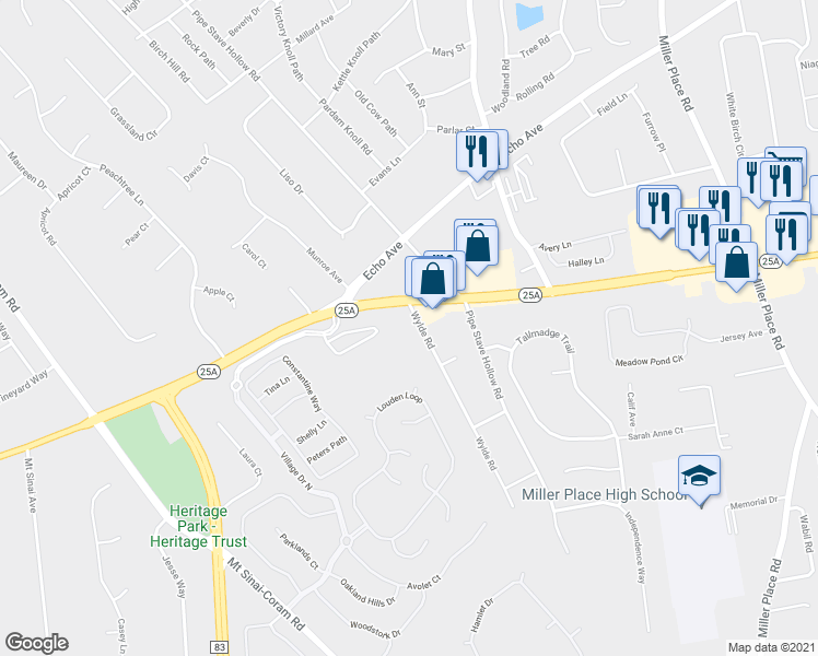 map of restaurants, bars, coffee shops, grocery stores, and more near 8 Wylde Road in Mount Sinai