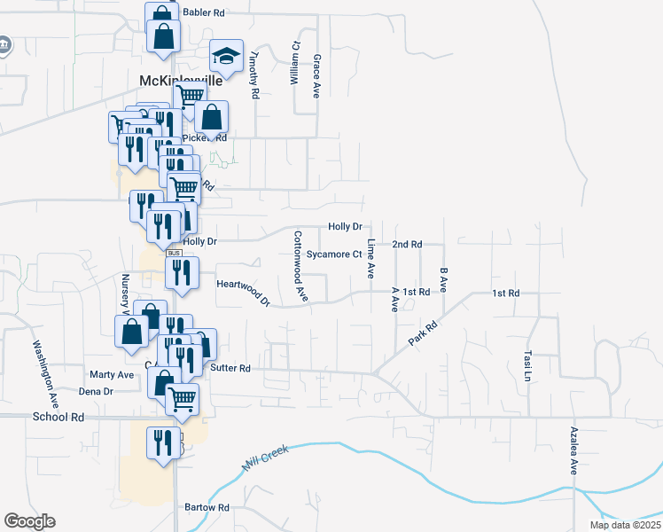 map of restaurants, bars, coffee shops, grocery stores, and more near 1965 Juniper Avenue in McKinleyville