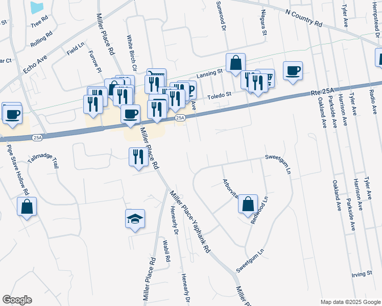 map of restaurants, bars, coffee shops, grocery stores, and more near 7 Azalea Court in Miller Place