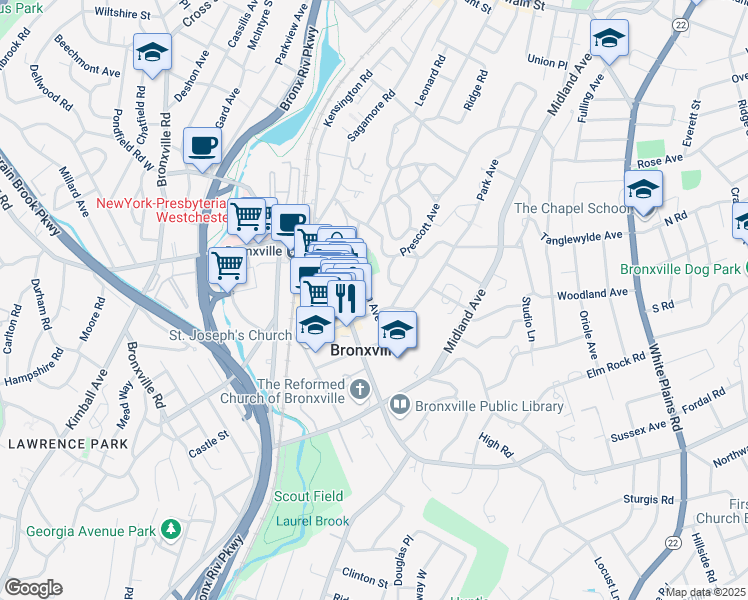 map of restaurants, bars, coffee shops, grocery stores, and more near 19 Garden Avenue in Bronxville