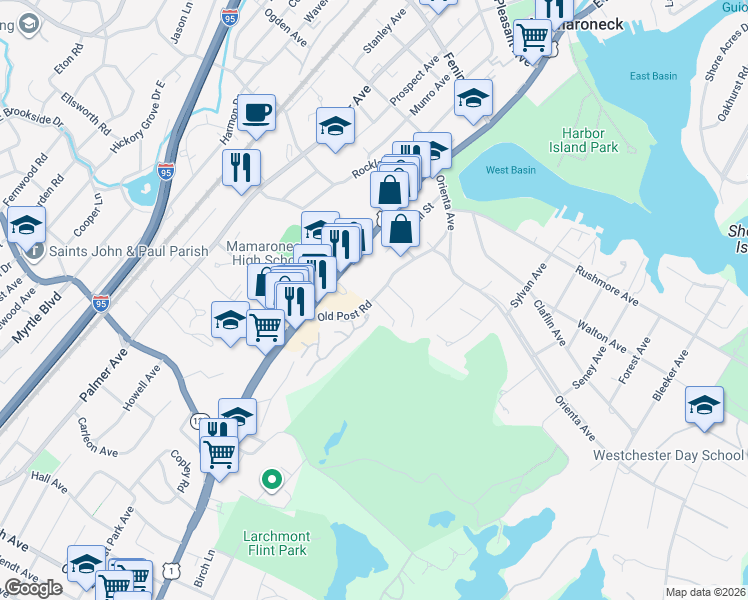 map of restaurants, bars, coffee shops, grocery stores, and more near 1024 Old Boston Post Road in Mamaroneck