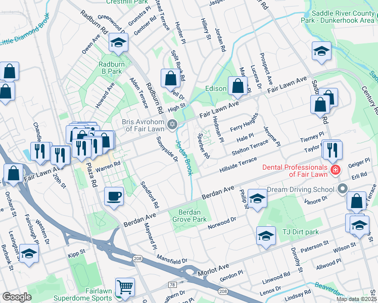 map of restaurants, bars, coffee shops, grocery stores, and more near 49 Bernard Court in Fair Lawn