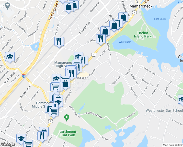 map of restaurants, bars, coffee shops, grocery stores, and more near 1024 Old Boston Post Road in Mamaroneck