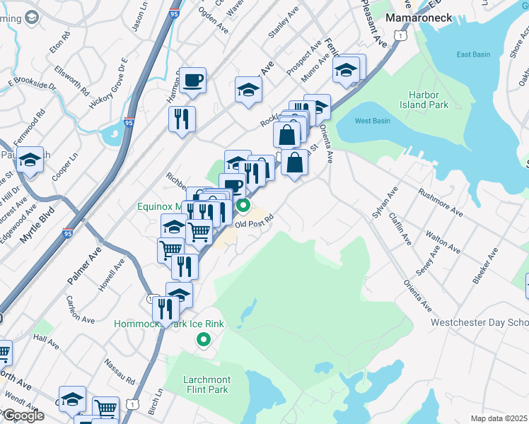 map of restaurants, bars, coffee shops, grocery stores, and more near 1024 Old Boston Post Road in Mamaroneck