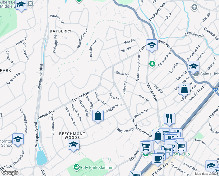map of restaurants, bars, coffee shops, grocery stores, and more near 35 Seton Road in Larchmont