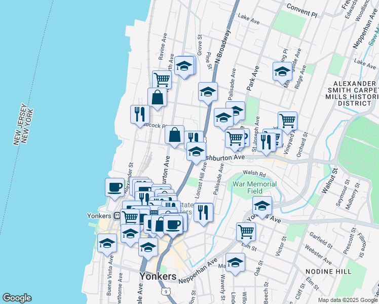 map of restaurants, bars, coffee shops, grocery stores, and more near 157 North Broadway in Yonkers