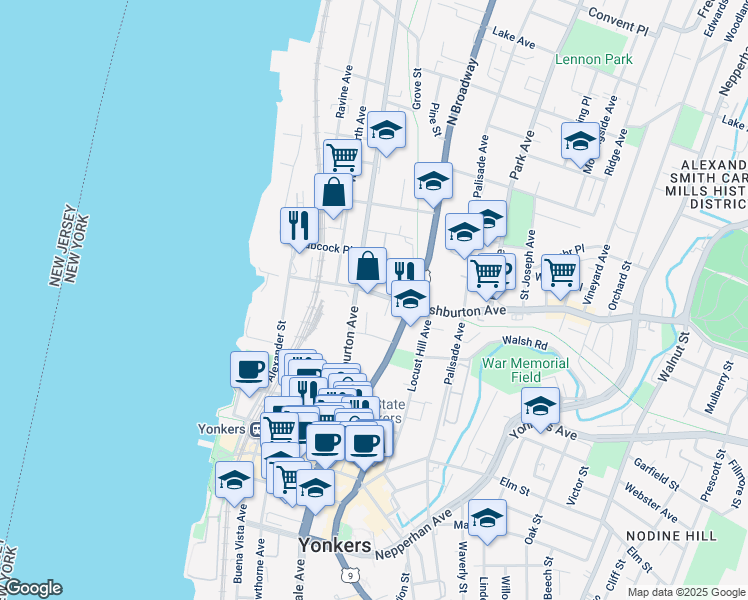 map of restaurants, bars, coffee shops, grocery stores, and more near in Yonkers