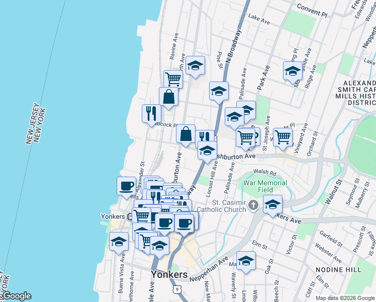map of restaurants, bars, coffee shops, grocery stores, and more near 16 Ashburton Place in Yonkers