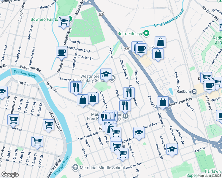 map of restaurants, bars, coffee shops, grocery stores, and more near 16-14 Parmelee Avenue in Fair Lawn