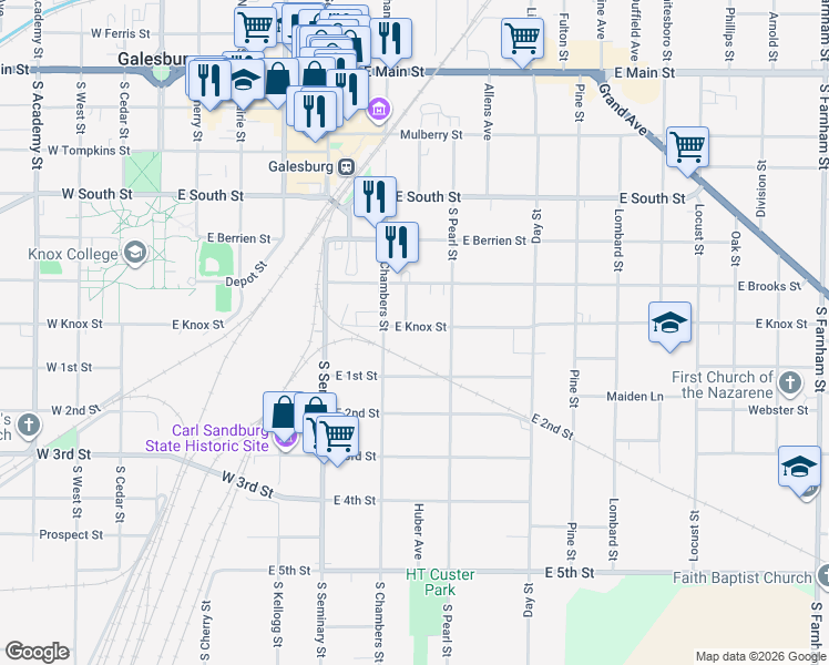 map of restaurants, bars, coffee shops, grocery stores, and more near 588 East Knox Street in Galesburg