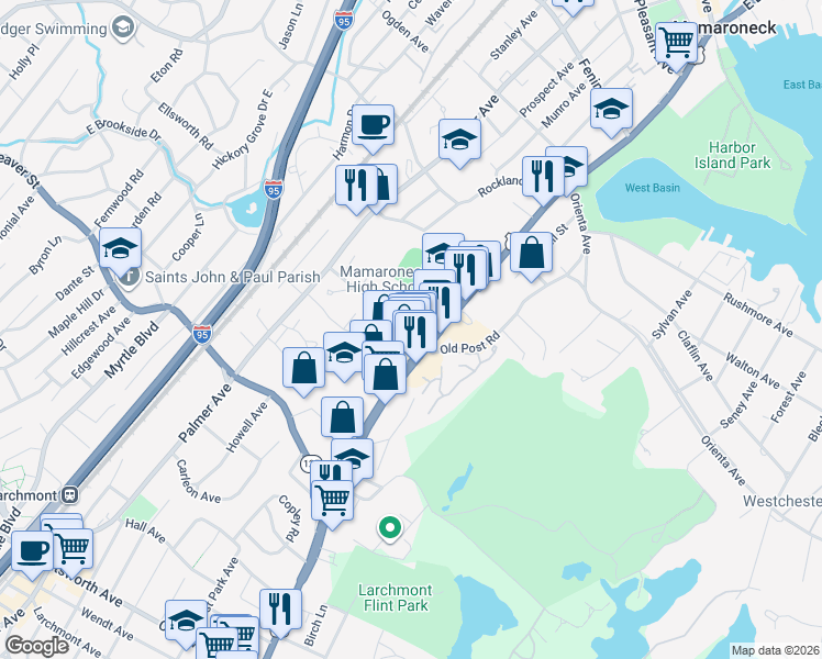 map of restaurants, bars, coffee shops, grocery stores, and more near in Mamaroneck