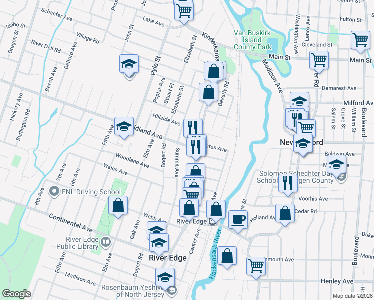 map of restaurants, bars, coffee shops, grocery stores, and more near 915 Kinderkamack Road in River Edge