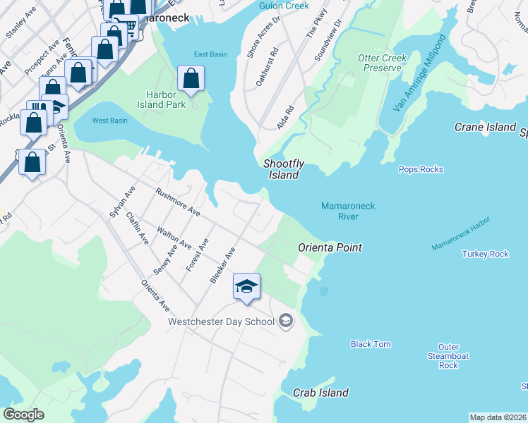 map of restaurants, bars, coffee shops, grocery stores, and more near 490 Bleeker Avenue in Mamaroneck