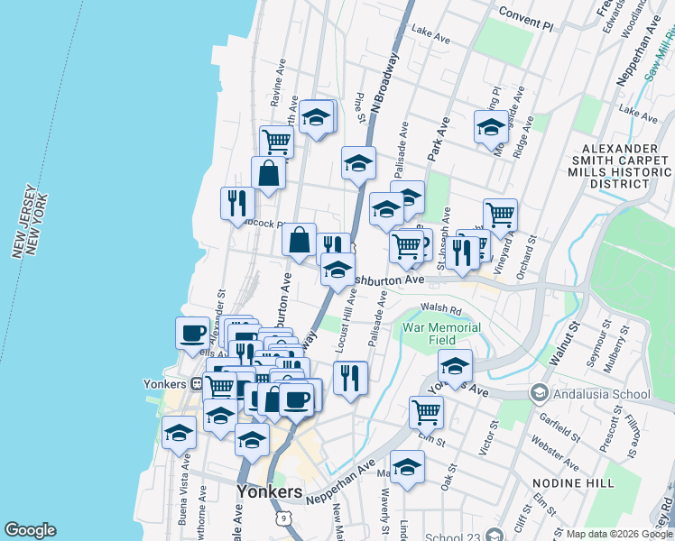 map of restaurants, bars, coffee shops, grocery stores, and more near 163 North Broadway in Yonkers