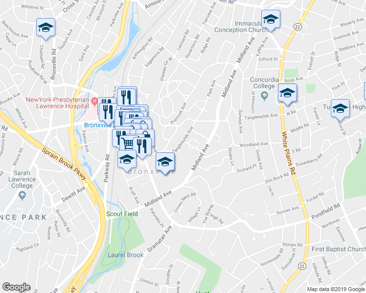 map of restaurants, bars, coffee shops, grocery stores, and more near 28 Tanglewylde Avenue in Bronxville