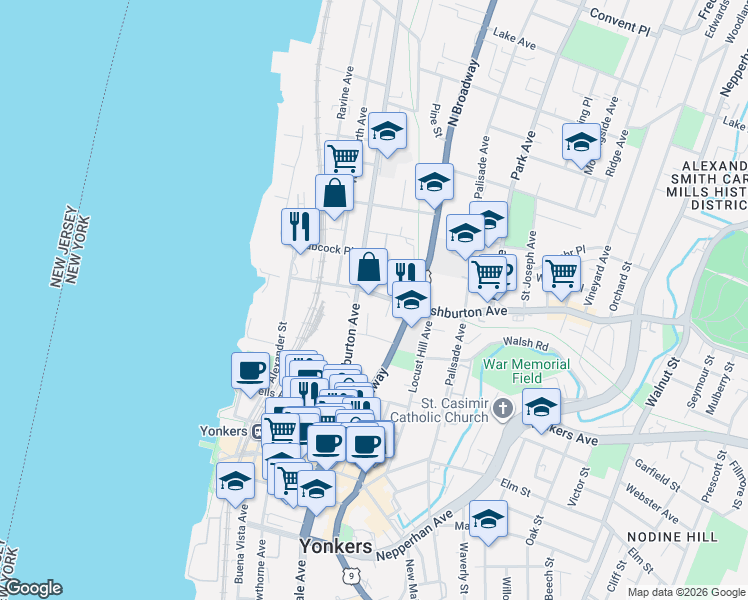 map of restaurants, bars, coffee shops, grocery stores, and more near 16 Ashburton Place in Yonkers