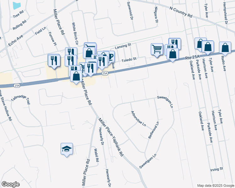 map of restaurants, bars, coffee shops, grocery stores, and more near 4 Bayberry Court in Miller Place