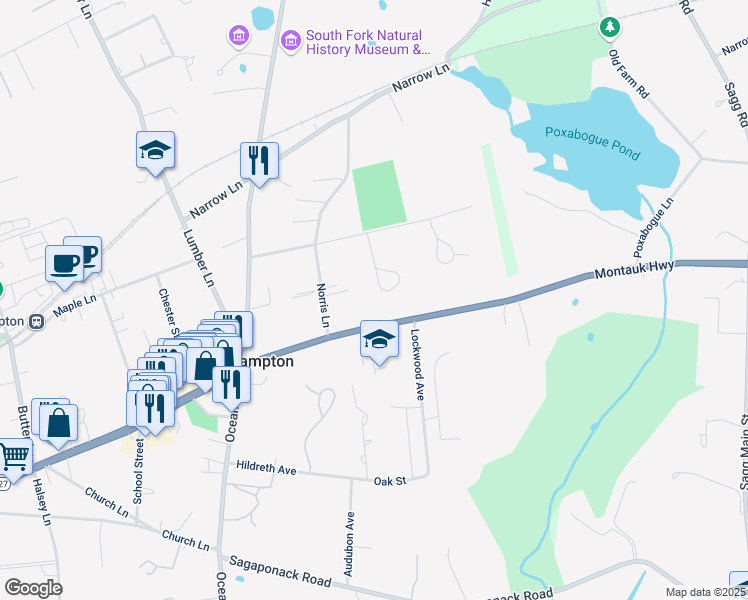 map of restaurants, bars, coffee shops, grocery stores, and more near 2668 Montauk Highway in East Hampton