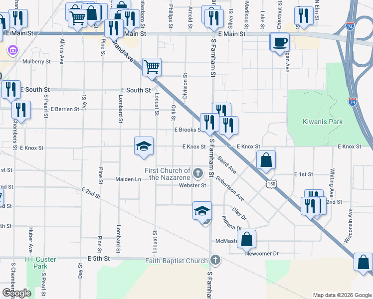 map of restaurants, bars, coffee shops, grocery stores, and more near 1470 East Knox Street in Galesburg