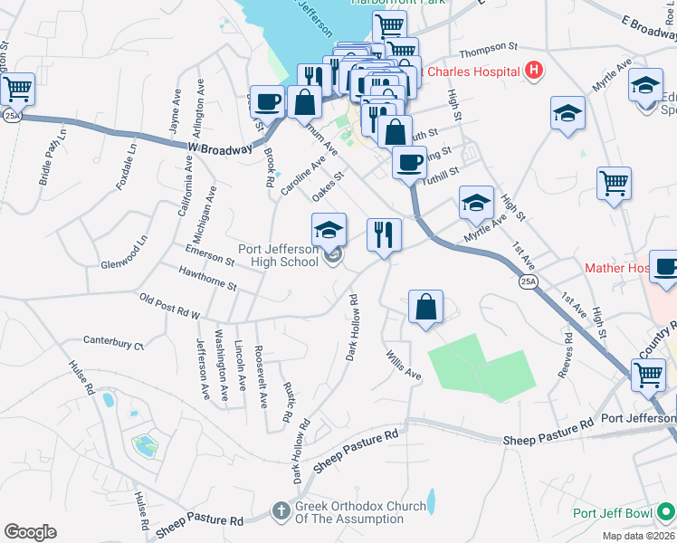 map of restaurants, bars, coffee shops, grocery stores, and more near 211 Old Post Road in Port Jefferson