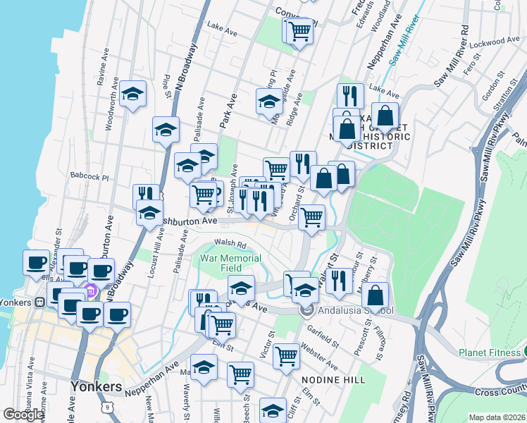 map of restaurants, bars, coffee shops, grocery stores, and more near 189 New York 9A in Yonkers