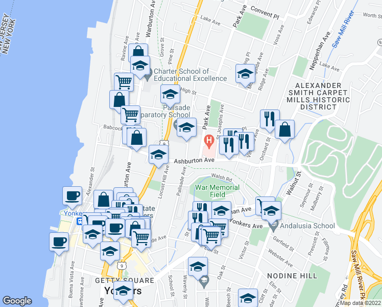 map of restaurants, bars, coffee shops, grocery stores, and more near 99 Ashburton Avenue in Yonkers