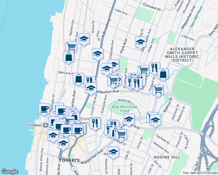 map of restaurants, bars, coffee shops, grocery stores, and more near 99 Ashburton Avenue in Yonkers