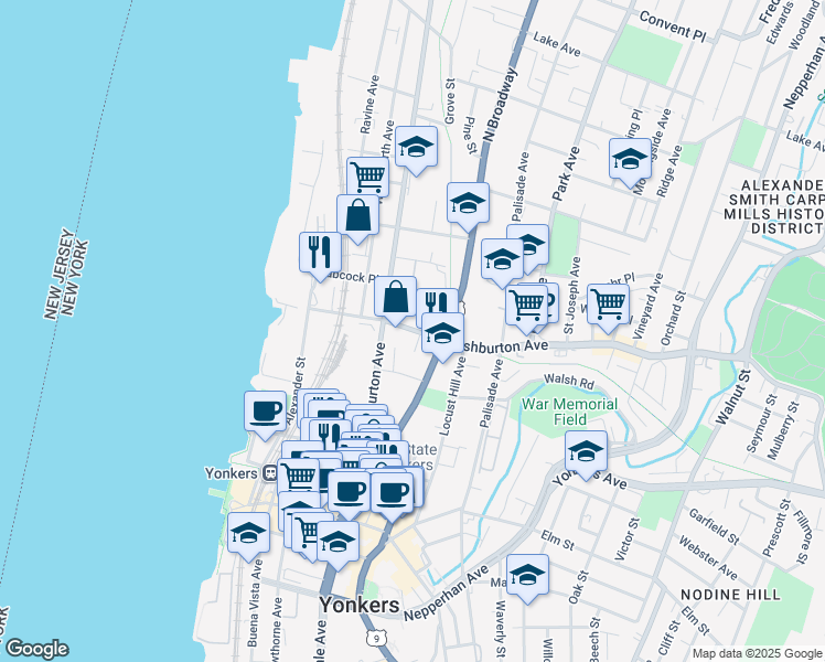 map of restaurants, bars, coffee shops, grocery stores, and more near in Yonkers