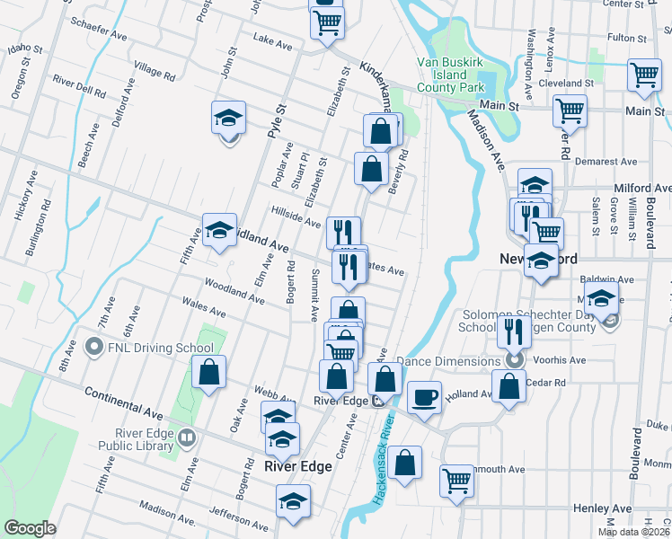 map of restaurants, bars, coffee shops, grocery stores, and more near 915 Kinderkamack Road in River Edge