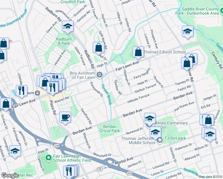 map of restaurants, bars, coffee shops, grocery stores, and more near 1329 Sampson Road in Fair Lawn