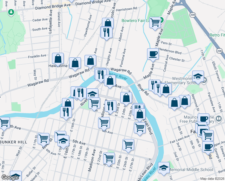 map of restaurants, bars, coffee shops, grocery stores, and more near 63 2nd Avenue in Paterson