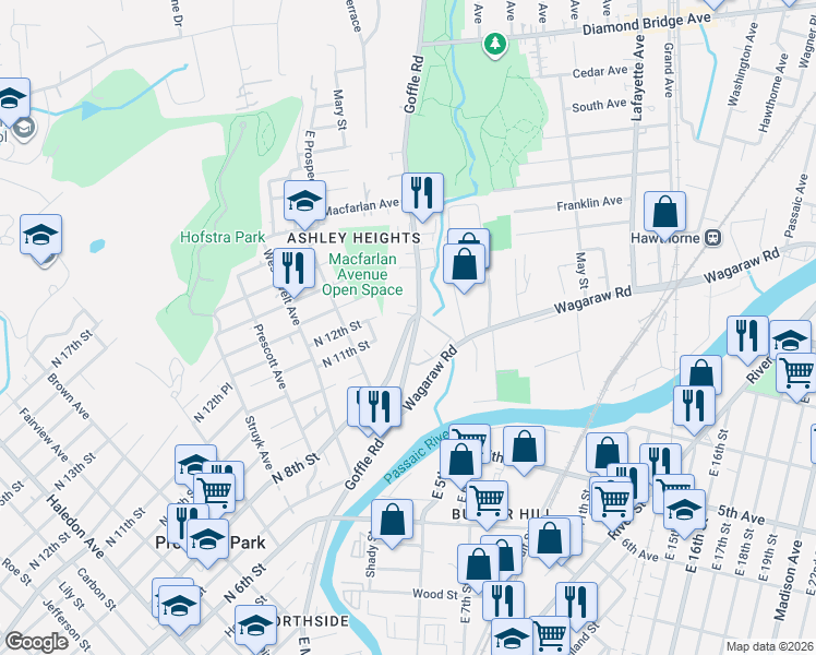 map of restaurants, bars, coffee shops, grocery stores, and more near 128 North 8th Street in Hawthorne