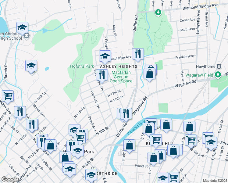 map of restaurants, bars, coffee shops, grocery stores, and more near 50 North 12th Street in Hawthorne