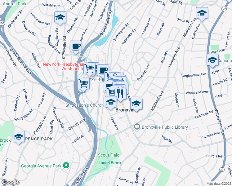 map of restaurants, bars, coffee shops, grocery stores, and more near 1 Cedar Street in Bronxville