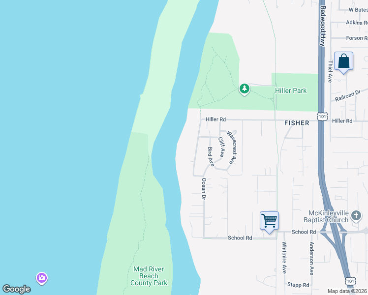 map of restaurants, bars, coffee shops, grocery stores, and more near 1862 Ocean Drive in McKinleyville