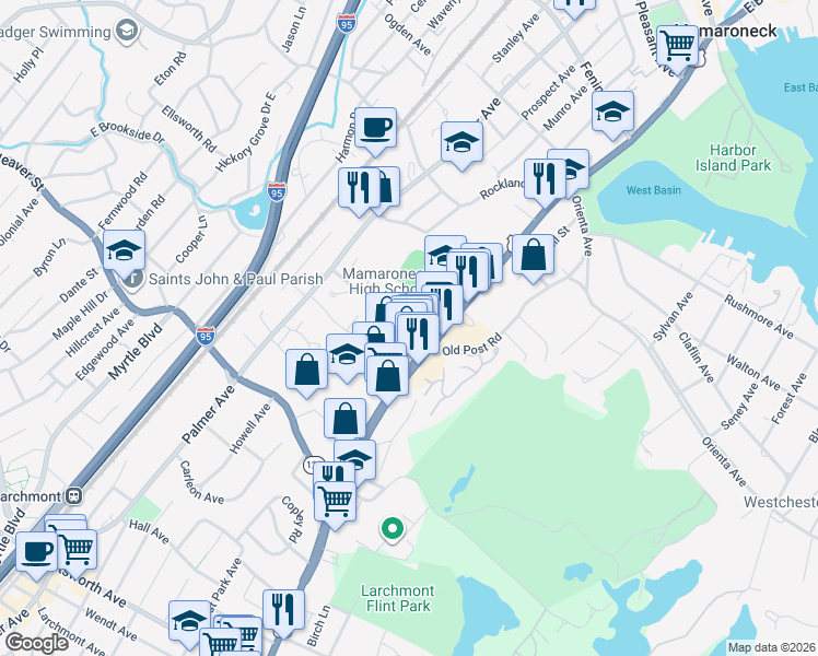 map of restaurants, bars, coffee shops, grocery stores, and more near in Mamaroneck