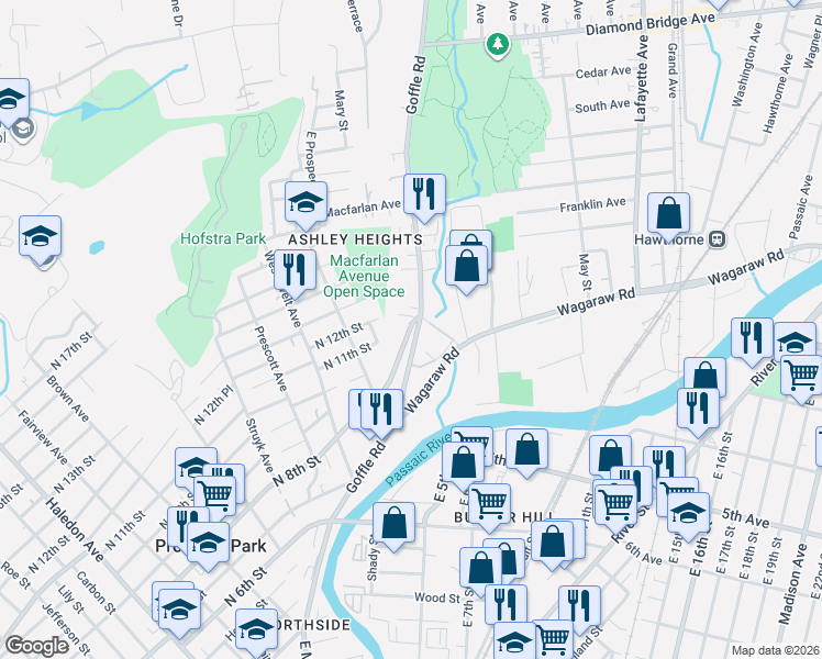 map of restaurants, bars, coffee shops, grocery stores, and more near 128 North 8th Street in Hawthorne