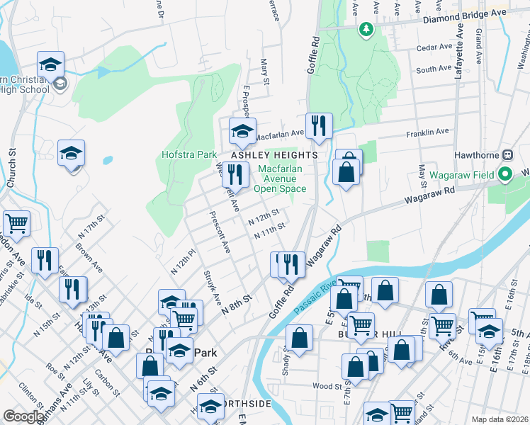 map of restaurants, bars, coffee shops, grocery stores, and more near 50 North 12th Street in Hawthorne
