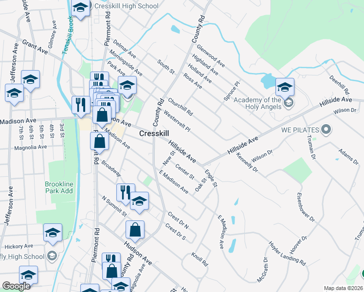 map of restaurants, bars, coffee shops, grocery stores, and more near 77 Hillside Avenue in Cresskill